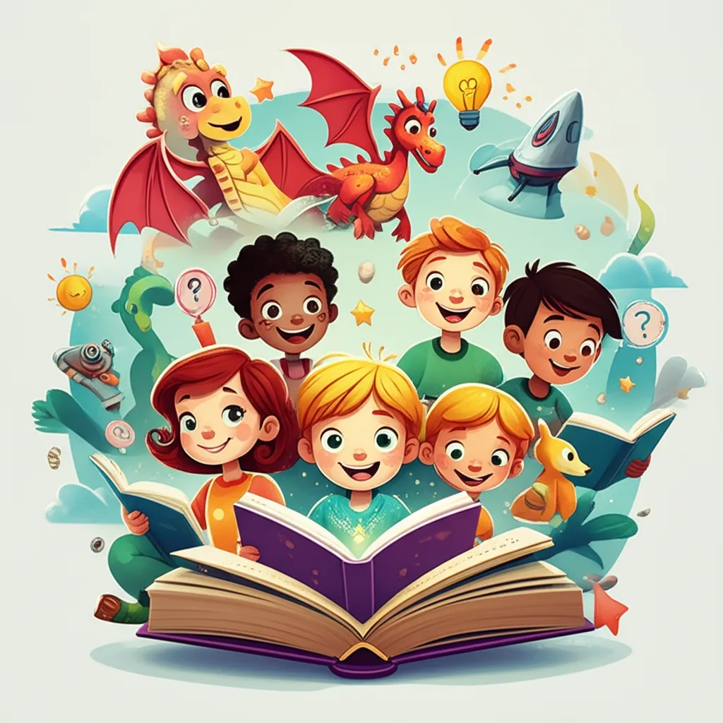 Kids reading a magical book with dragons and robots