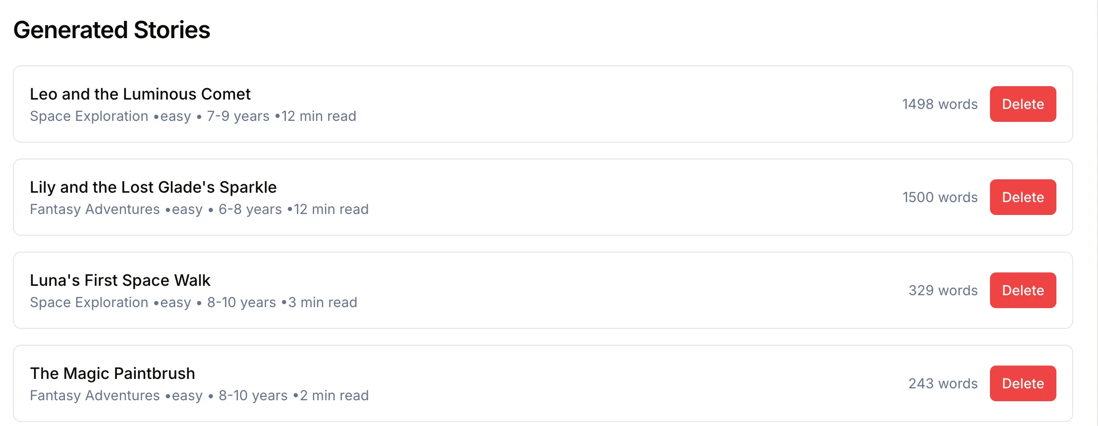 List of generated stories in StoryQuest