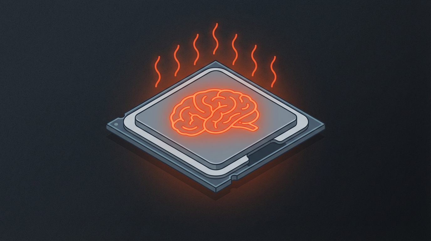 A CPU with a brain pattern glowing red-hot — thermal throttling